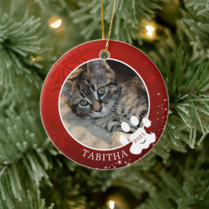 Décoration En Céramique Empreinte de Patte de Chat Noël Rouge Flocon de Ne
