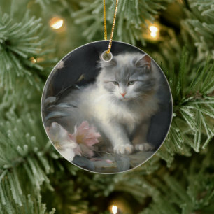 Décoration En Céramique En Compagnie De Fleurs Gris et Blanc Kitten