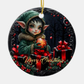 Décoration En Céramique Enfant Elfe mignon en manteau à capuchon vert (Devant)