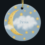 Décoration En Céramique Étoiles de lune et nuage fluide Cloud Blue Baby Ke<br><div class="desc">Ce design fantaisiste a un croissant de lune et des étoiles faites de fromage suisse jaune saint et le nom de votre bébé écrit sur un nuage blanc moelleux et un message customisé sur le dos.</div>