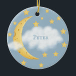 Décoration En Céramique Étoiles de lune et nuage fluide Cloud Blue Baby Ke<br><div class="desc">Ce design fantaisiste a un croissant de lune et des étoiles faites de fromage suisse jaune saint et le nom de votre bébé écrit sur un nuage blanc moelleux et un message customisé sur le dos.</div>