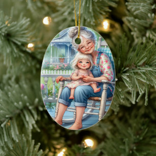 Décoration En Céramique Étreinte de grand-mère et petite-fille sur la véra