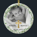 Décoration En Céramique Eucalyptus de verdure Baptême bébé Photo<br><div class="desc">Ornement de baptême et de baptême Eucalyptus vert avec double photo avec cadre rond de feuille d'eucalyptus. Personnalisez votre propre photo 2 horizontale ou carré. Grand cadeau pour votre famille et vos amis pour la saison des fêtes.</div>