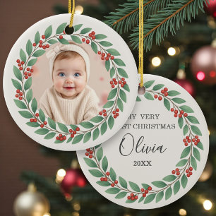 Décoration En Céramique Eucalyptus Verdure Bébé Premier Noël Photo
