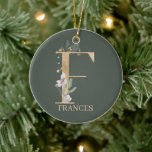 Décoration En Céramique F Monogram Floral Personalized Ceramic Ornament<br><div class="desc">Letter F monogram floral. Letter F in golden brown texture accented with green watercolor compound leaves,  flower blossoms and gold dust. Personalized with name in matching font.</div>