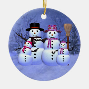 Décoration En Céramique Famille de neige avec l'ornement de 2 filles