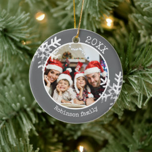 Décoration En Céramique Famille de Noël en photo grise flocon de neige