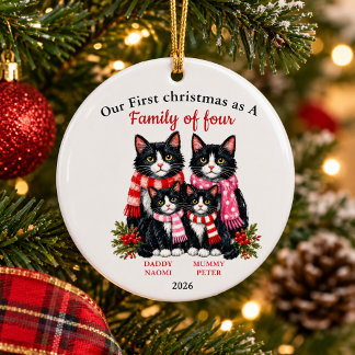 Décoration En Céramique Famille de quatre, chat smoking Noël personnalisé