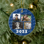 Décoration En Céramique Family Photos Sea Turtle Navy Blue<br><div class="desc">Create a special Christmas gift for the tree with this four-photo template ornament. Customize both sides with year, names, greeting. A sea turtle pattern over navy blue on the front is the background for bold white text and photos of the kids, or kids and pets. The design will work for...</div>