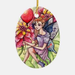 Décoration En Céramique Fée de Zinnia avec ballon rouge