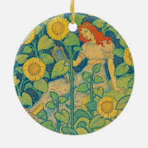 Décoration En Céramique Femme-fille de fleurs dans le jardin de tournesol