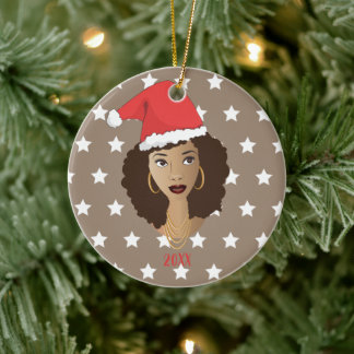 Décoration En Céramique Femme noire, Santa Hat, Motif des étoiles blanches