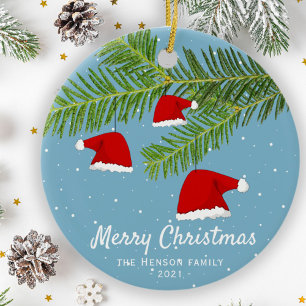 Décoration En Céramique Festin Bleu Santa Chapeau Pine Branche Joyeux Noël