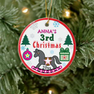 Décoration En Céramique Fille 3ème Noël PHOTO Cheval Rose Gris
