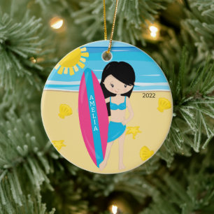Décoration En Céramique Fille aux cheveux noirs mignonne surfeuse Noël per
