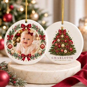 Décoration En Céramique Fille Bébé Rouge Premier Noël Nœud Photo