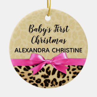 Décoration En Céramique Fille Bébés Premier Noël Leopard rose Bow Année