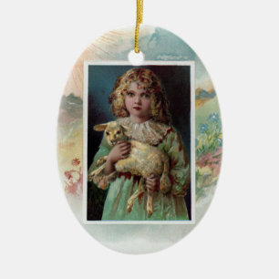 Décoration En Céramique Fille berçant l'agneau Pâques victorienne