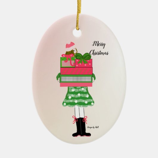 Décoration En Céramique Fille de Noël Chargée avec des paquets (Devant)