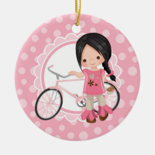 Décoration En Céramique Fille d'une chevelure noire de bicyclette - blanc