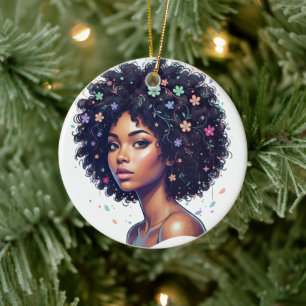 Décoration En Céramique Fille noire fantaisiste avec afro orné de fleurs
