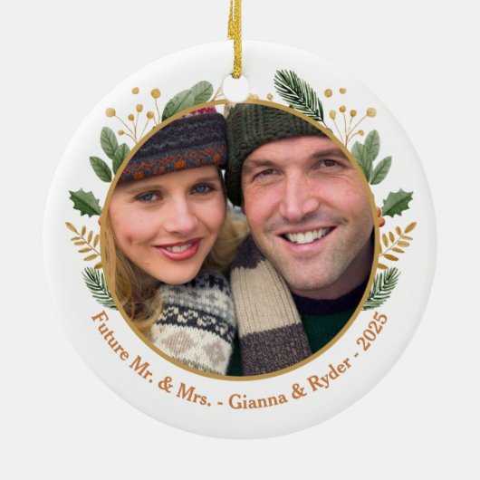 Décoration En Céramique First Christmas Engaged Customizable Photo (Dos)