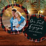 Décoration En Céramique  First Christmas Engaged Tartan Plaid Photo<br><div class="desc">First Christmas engaged photo ornament, personalized with a photo, names and the year. The design is double sided and features tartain plaid frames with hand lettering. The photo template displays your picture as a round shape and the other side is lettered with "our first christmas engaged ... [last name and...</div>