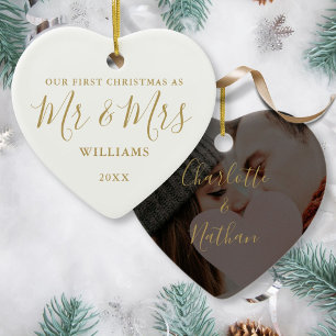 Décoration En Céramique First Christmas Mr Mrs Gold Signature Script Photo