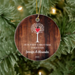 Décoration En Céramique First Christmas together love tree wood photo<br><div class="desc">Our first Christmas together ornament. Rustic dark wood background with white love tree illustration. 
Beautiful ornament to decorate you christmas tree.
You can personalize it and add your own photo at the back,  text,  names and year.</div>