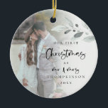 Décoration En Céramique First Married Christmas Script Photo Name Year<br><div class="desc">First Married Christmas Script Photo Name Year. A romantic keepsake to celebrate the special time of your first Christmas as Mr and Mrs and memento in holidays to come. Typography for Christmas and Mr and Mrs is in a set modern script and the rest of the text you can easily...</div>