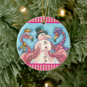 DÉCORATION EN CÉRAMIQUE FLAMANT ROSE BONHOMME DE NEIGE, OISEAUX DE NOËL DR