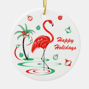 Décoration En Céramique Flamant rose de Noël rouge Vacances Texte rond