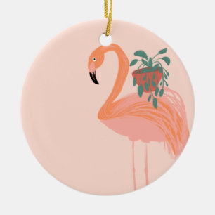 Décoration En Céramique Flamant Tropical avec Plante en Pot Dessinée à la