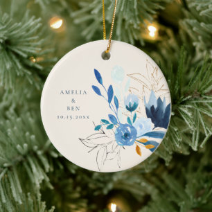 Décoration En Céramique Fleur de mariage personnalisée aquarelle bleue mod