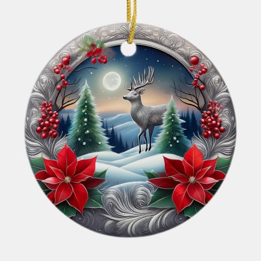 Décoration En Céramique Fleur de Poinsettia élégant renne argenté, Cerf (Devant)