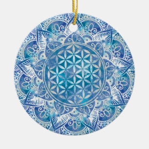 Décoration En Céramique Fleur de vie à Lotus - Aquarelle Bleue