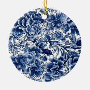 Décoration En Céramique Fleurs Bleu Indigo