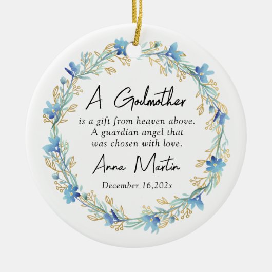 Décoration En Céramique Fleurs Bleues Godmère Christening Baptême (Devant)