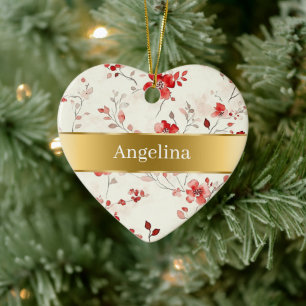 Décoration En Céramique Fleurs Crème Rouge Ruban Doré Noël