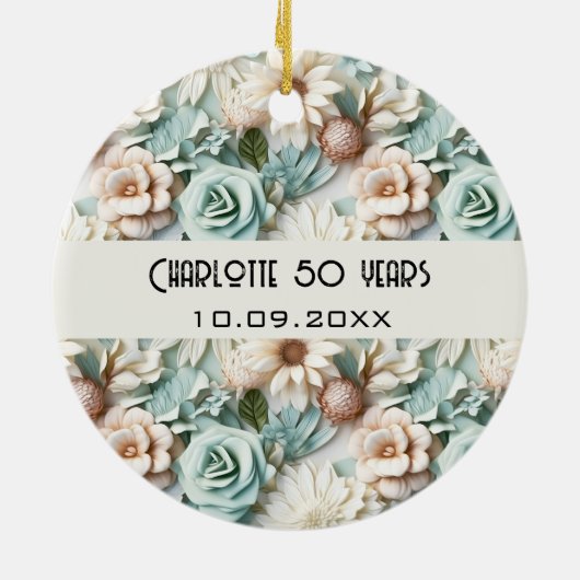 Décoration En Céramique Fleurs crème verte poussiéreuse nom d'anniversaire (Dos)