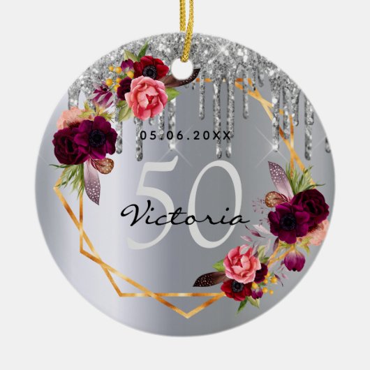 Décoration En Céramique Fleurs d'argent d'anniversaire parties scintillant (Devant)