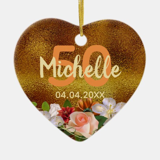 Décoration En Céramique Fleurs d'or d'anniversaire Nom monogramme (Devant)