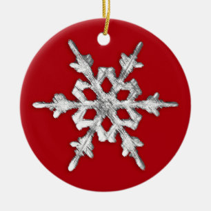 Décoration En Céramique Flocon de neige iridescent sur fond rouge profond