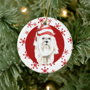 Décoration En Céramique Flocon rouge de neige du Père Noël maltais blanc