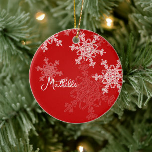 Décoration En Céramique Flocons de neige rouges et blancs Nom de Noël mini