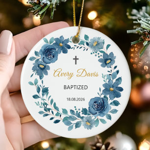 Décoration En Céramique Floral Baptisé Nom et date personnalisés