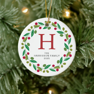 Décoration En Céramique Floral Christmas Wreath Monogramme Photo de famill