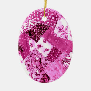Décoration En Céramique Floral Crazy Quilt Patchwork Blanc Rose Magenta