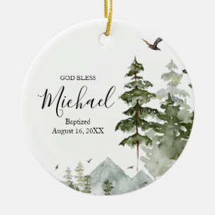 Décoration En Céramique Forêt de pins d'hiver Baptême Dieu béni