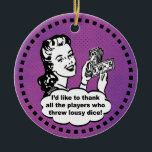 Décoration En Céramique Funny Joueur Bunco Gagnant Purple Vintage<br><div class="desc">Funny Bunco ou jeu de dés graphisme design dispose d'une femme de style rétro tenant ses gains en argent. Amusant décor Bunco ou Funny Casino Night prix. Le décor du Bunco comprend une élégante bordure en pointes ainsi que de petits pois noirs. Amusant ornement de vacances ou prix pour n'importe...</div>